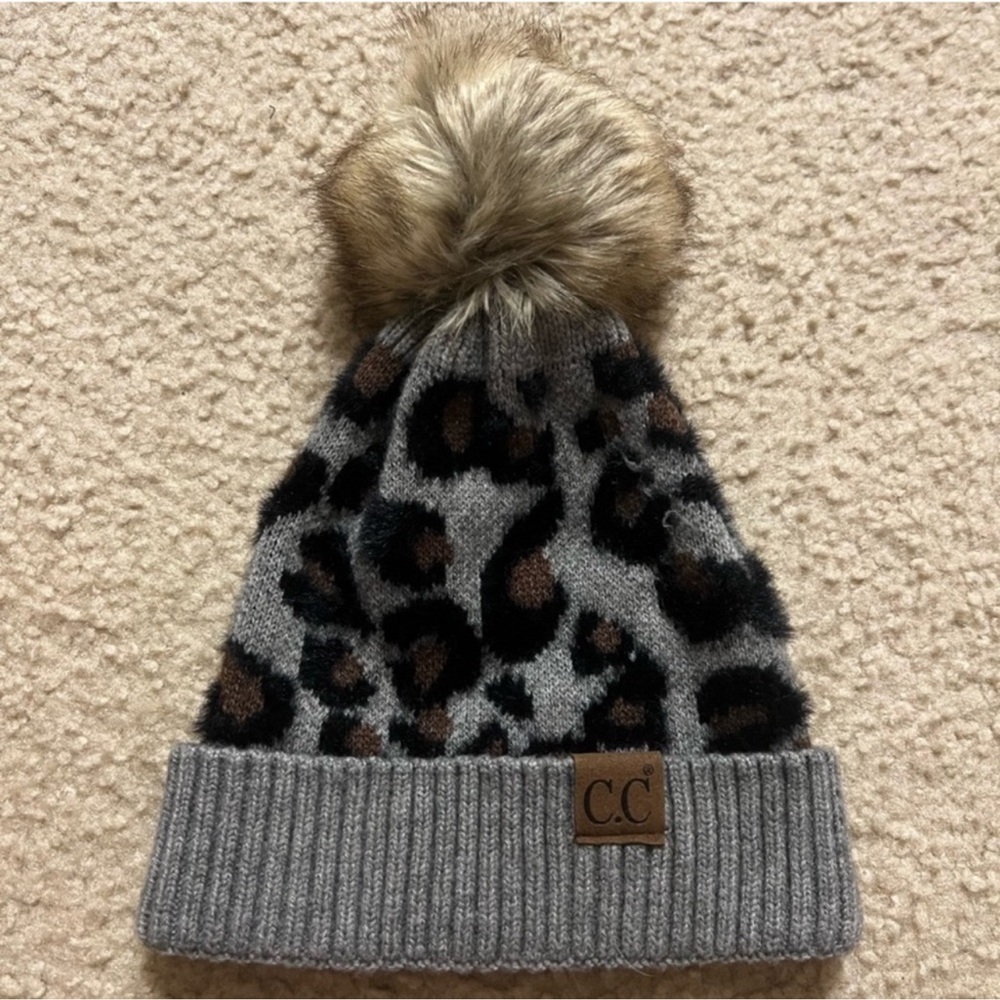 C.C Leopard Cuff Pom Beanie (Like New)